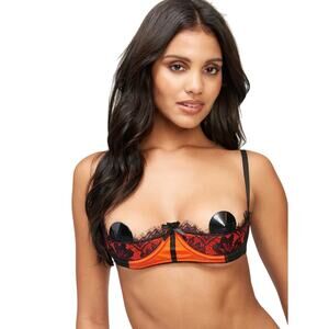 NEW Fredericks of Hollywood Lux Satin Lace Open Cup Bra 16 Orange Black NWT